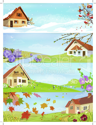Four seasons year landscapes. Background vector illustration.