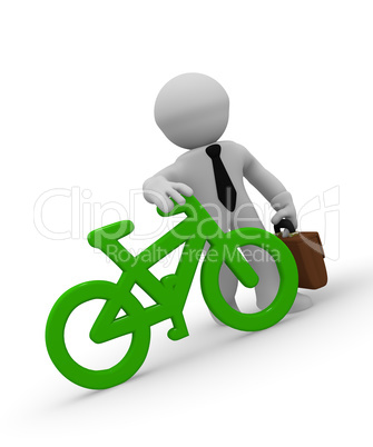 Businessman with green bike icon, 3d rendering