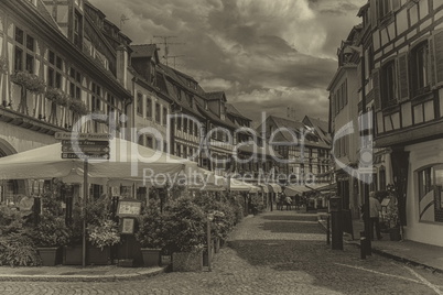 Street in Obernai village, Alsace, France