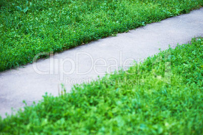 Diagonal park path with green grass background