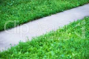 Diagonal park path with green grass background