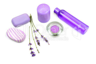 lavender, scented candles, soap and shampoo isolated on white ba