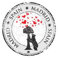 Love heart stamp with statue of Bear and strawberry tree and the words Madrid, Spain inside, vector illustration