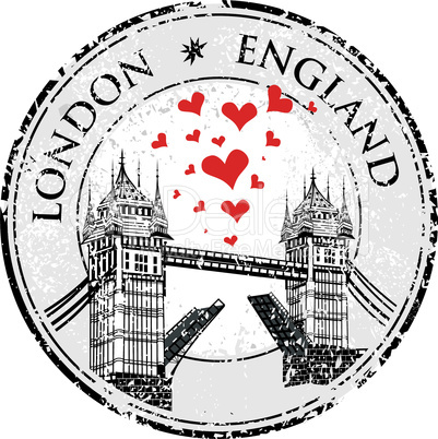 Tower Bridge grunge stamp with hearts, vector illustration , London vector hand drawn illustration