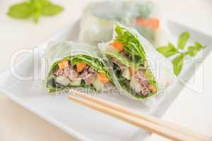 Asiatische Reispapier Rollen mit Rindfleisch und Gemüse