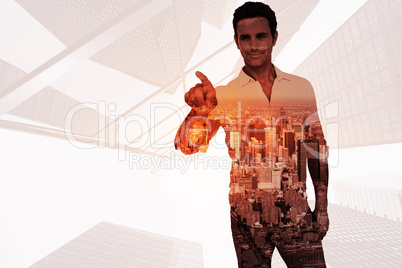 Composite image of man pointing at something on white background