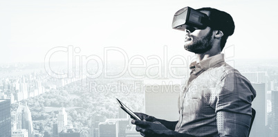 Composite image of side view of businessman holding virtual glas