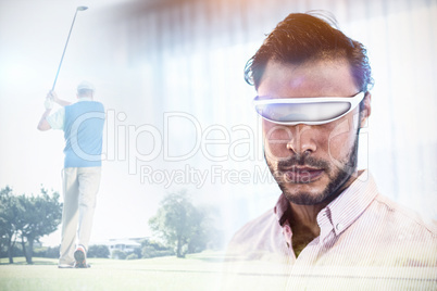 Composite image of golf player taking a shot