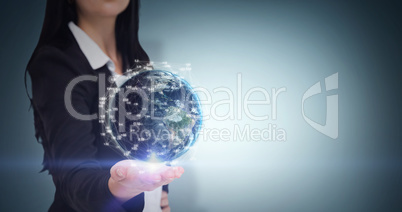 Composite image of pretty businesswoman presenting with hand