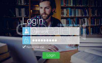 Login screen with hipster in library and laptop