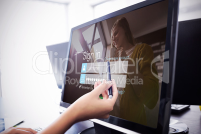 Composite image of login screen with blonde woman