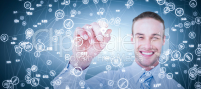 Composite image of happy businessman in shirt writing with marke