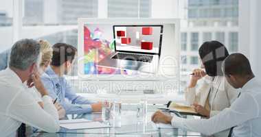 Composite image of business people looking at blank whiteboard i