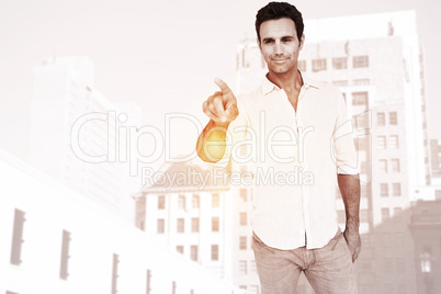 Composite image of man pointing at something on white background