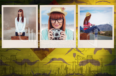 Composite image of smiling hipster woman holding suitcase