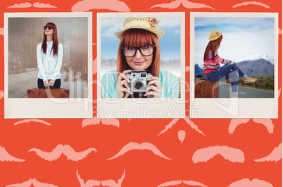 Composite image of smiling hipster woman holding suitcase