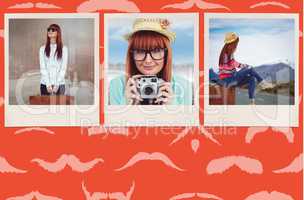 Composite image of smiling hipster woman holding suitcase