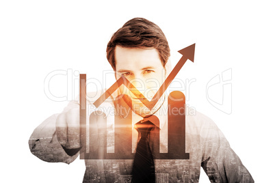 Composite image of portrait of confident businessman pointing at