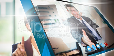 Composite image of happy businessman offering his hand