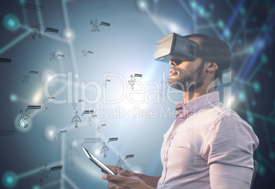 Composite image of side view of businessman holding virtual glas