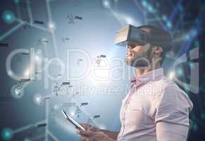 Composite image of side view of businessman holding virtual glas