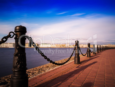 Horizontal vivid Saint Peterburg quay chain fence background