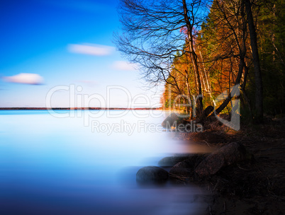 Horizontal dramatic smooth milk lake landscape right aligned bac