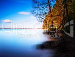 Horizontal dramatic smooth milk lake landscape right aligned bac