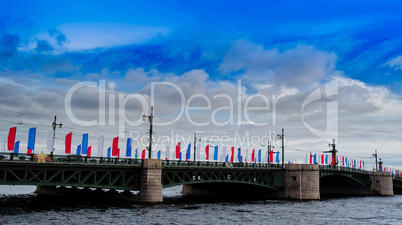 Horizontal vivid Saint Petersburg bridge flag cloudscape backgro