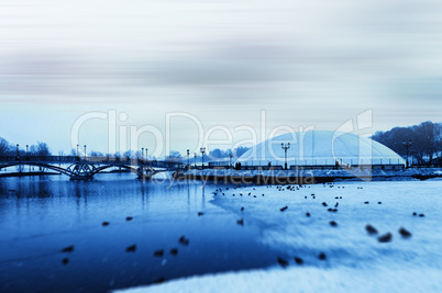 Horizontal blue winter park background backdrop