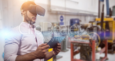 Composite image of low angle view of businessman holding virtual