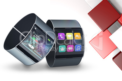Composite image of futuristic black wrist watch with interface