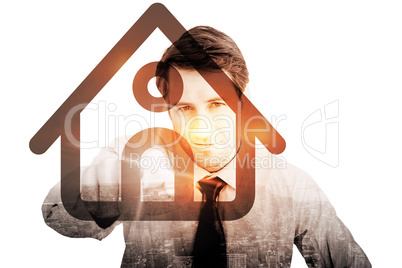 Composite image of portrait of confident businessman pointing at