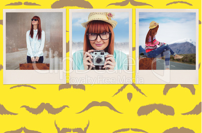 Composite image of smiling hipster woman holding suitcase