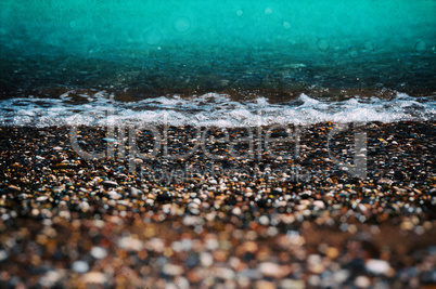 Aqua tidal beach pebble shingle vintage film composition