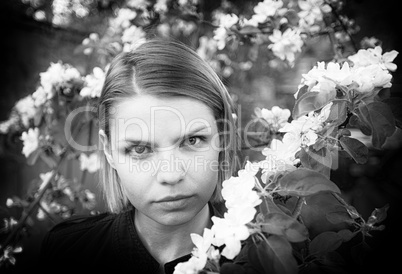 Horizontal black and white Russian beauty portrait in young gard