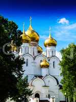 Vertical vibrant vivid Russian orthodox church temple background