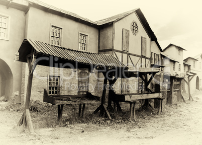 Horizontal vintage sepia medieval marketplace background backdro