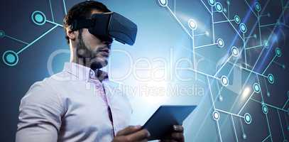 Composite image of low angle view of businessman holding virtual