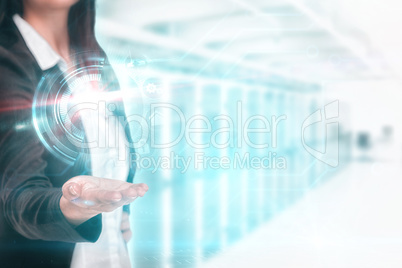 Composite image of pretty businesswoman presenting with hand