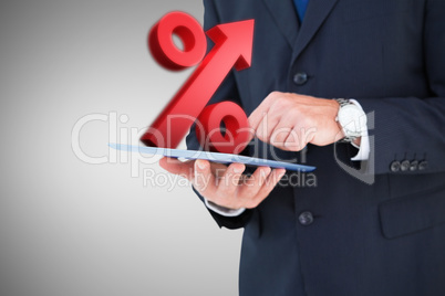 Composite image of smiling businessman in glasses with arms out