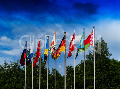 Horizontal vivid European flags composition background backdrop