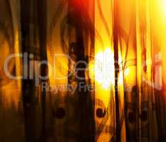 Horizontal vivid sunset curtains with light leak background