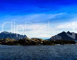 Horizontal vivid Norway fjord mountains inn ocean horizon landsc