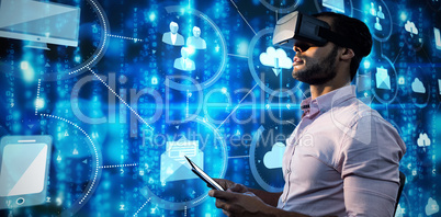 Composite image of side view of businessman holding virtual glas