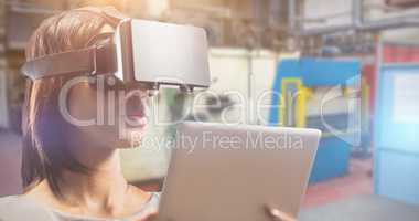Composite image of close up of businesswoman holding virtual gla