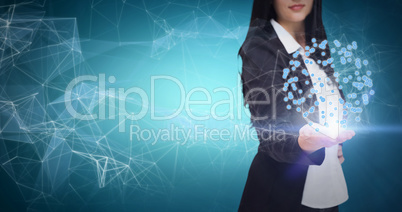 Composite image of pretty businesswoman presenting with hand