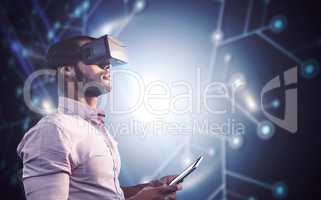 Composite image of side view of businessman holding virtual glas