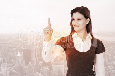 Composite image of smiling woman pointing something with her fin