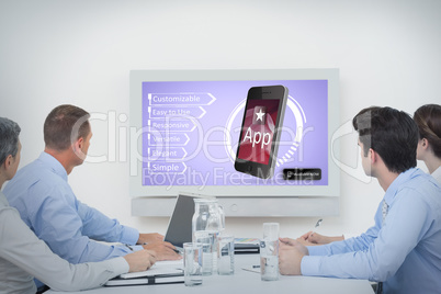 Composite image of business team watching whiteboard during a me